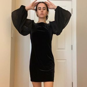 Velvet shift dress with pleated mesh bell sleeves.